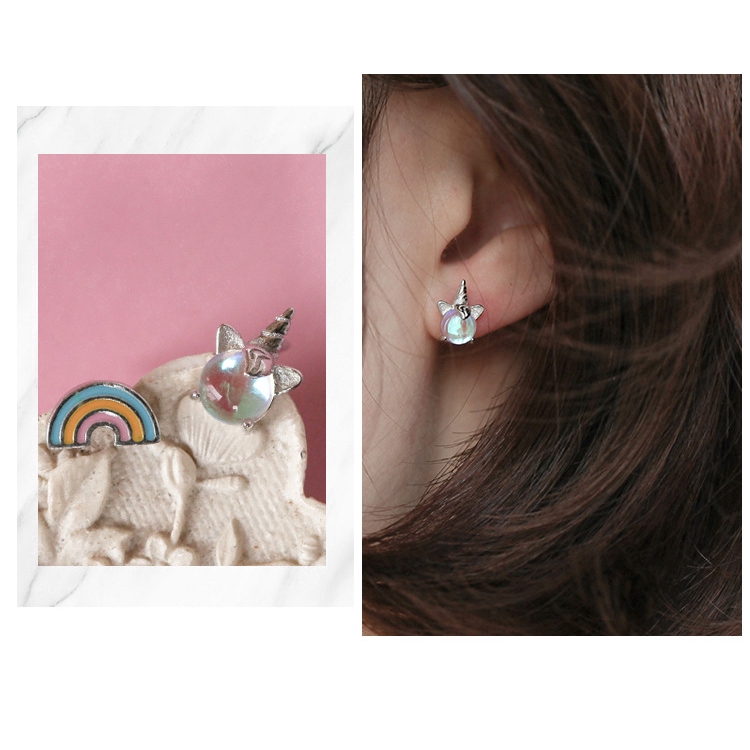 Rainbow Unicorn Stud Earrings 925 Sterling Silver Asymmetric Earrings Student Accessories
