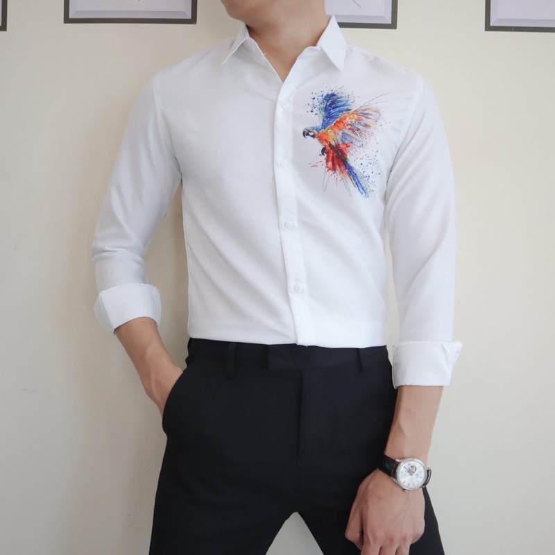 áo sơ mi nam vẹt in ép nhiệt chắc chắn, bao giặt máy, không xù lông