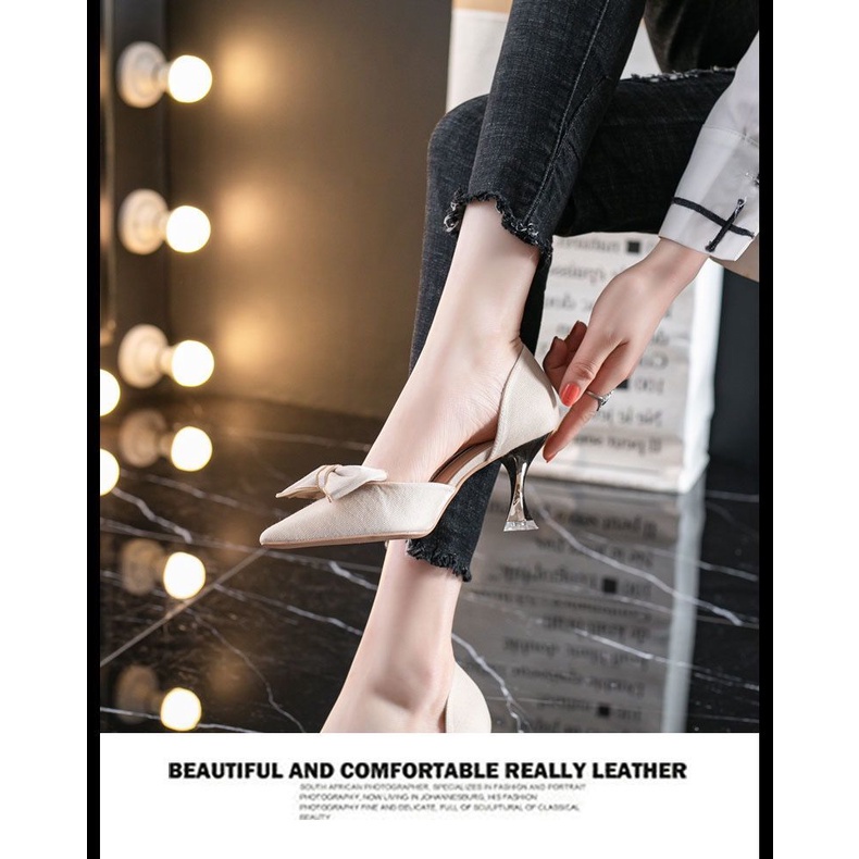 Giày cao gót Xiaoxiangfeng mỏng gắn nơ rỗng thời trang mùa thu Pháp 2021 mới cho nữ