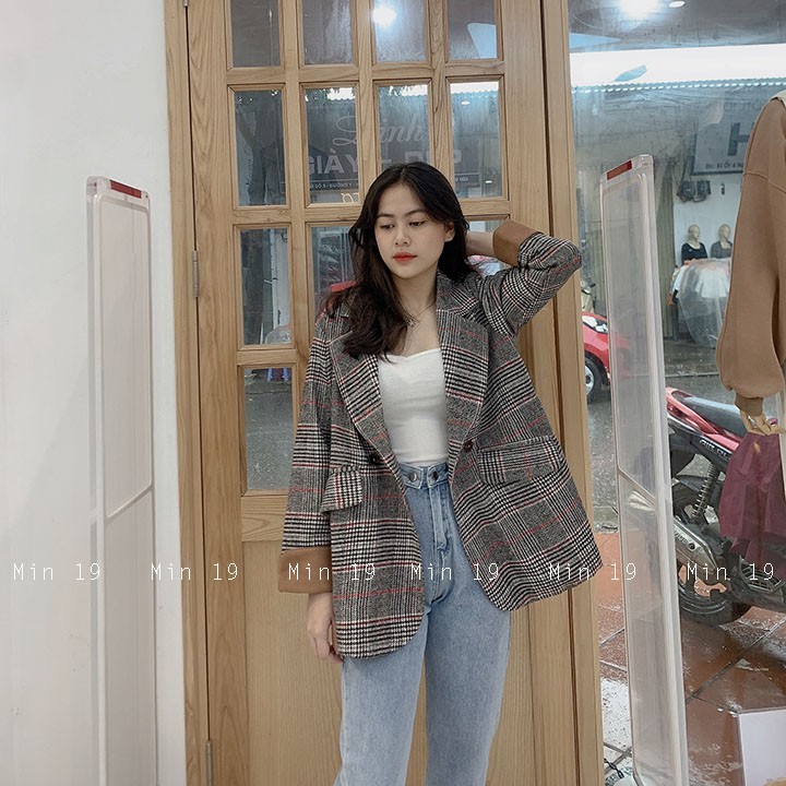 Áo vest nữ blazer công sở Hàn Quốc 2 lớp kẻ sọc caro tay dài gấp gấu kiểu bigsize form rộng thời trang | BigBuy360 - bigbuy360.vn