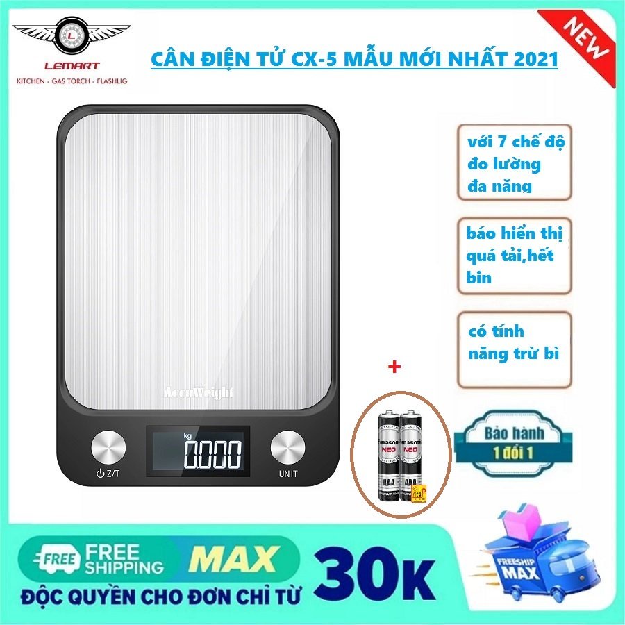 Cân điện tử nhà bếp định lượng 1g - 5kg cao cấp phím cảm ứng 7 mức đo lường mặt thép không gỉ,độ chính xác cao,sang tọng