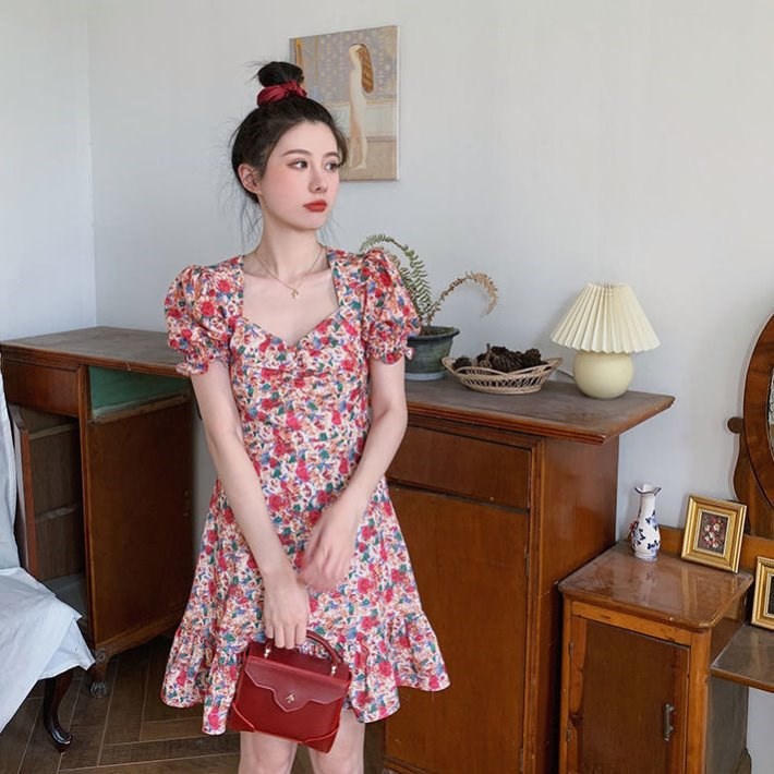 [MURIOKI] Đầm Mini Cổ Vuông Tay Phồng In Họa Tiết Hoa Phong Cách Pháp Ngọt Ngào Thời Trang Cho Nữ