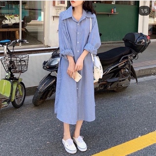 Váy sơ mi kẻ xanh dáng suông Hàn Quốc