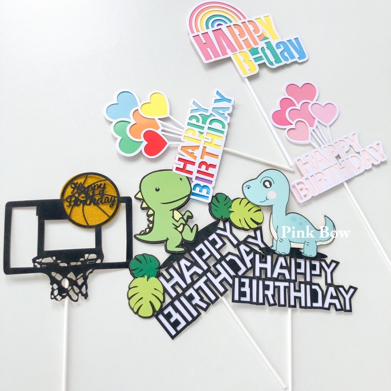 Phụ kiện trang trí bánh sinh nhật Topper giấy HPBD hình Cầu vòng/Tim/Khủng long/Bóng rổ