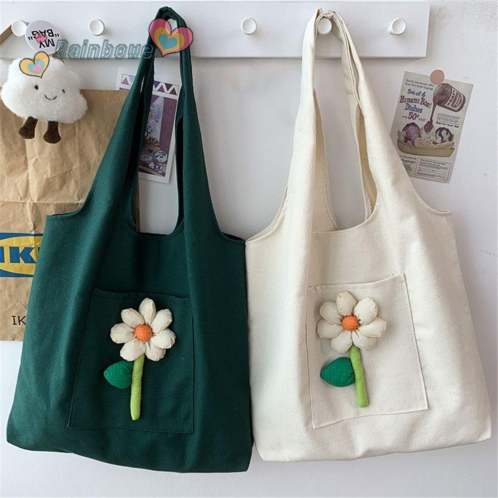 Túi Đeo Vai Vải Canvas Họa Tiết Hoa Và Cầu Vồng Dễ Thương