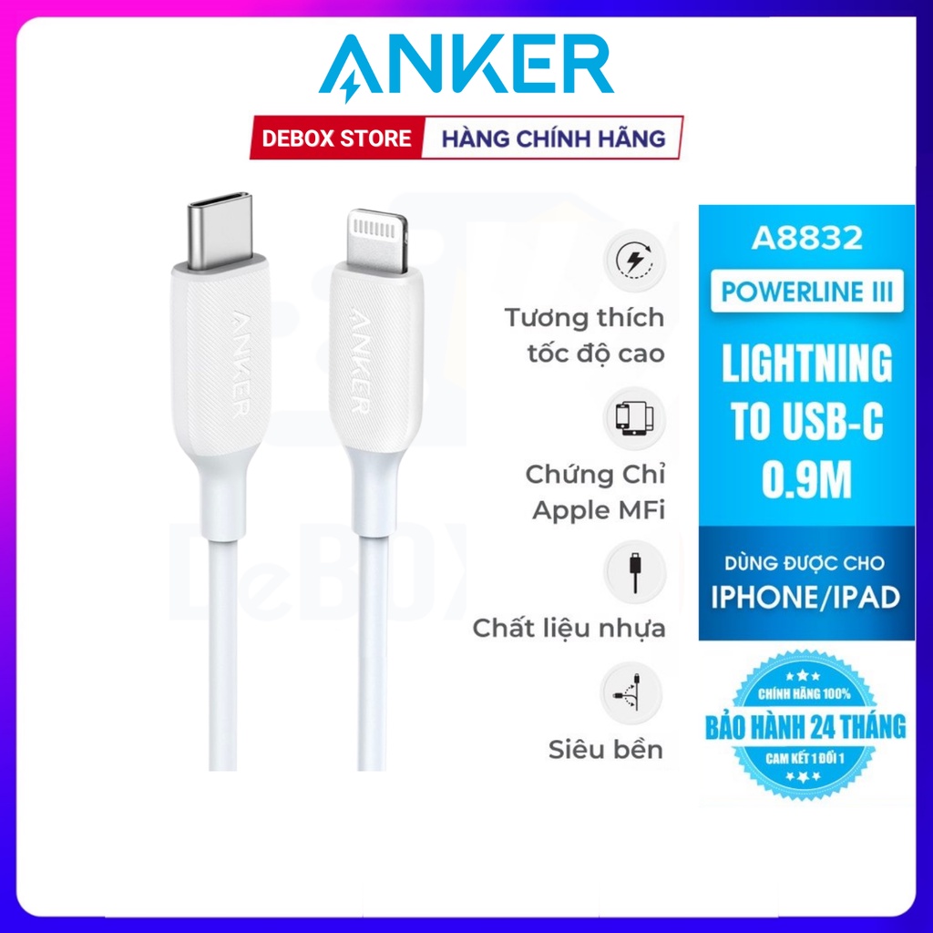 【Giao hàng nhanh】Combo Sạc nhanh iPhone ANKER PowerPort III Nano PIQ 3.0 20W A2633 + Cáp C to Lightning A8832 Chính hãng