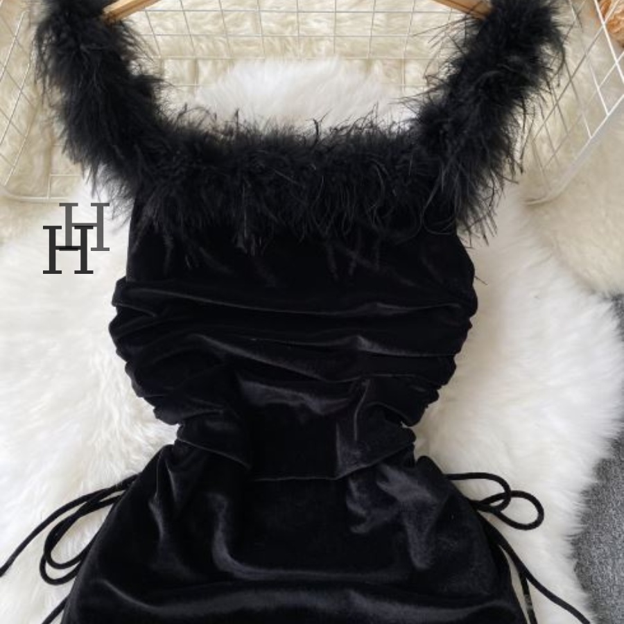 Đầm bẹt vai đen viền lông vũ nhún thun HDT279 Hỉn Hỉn Store