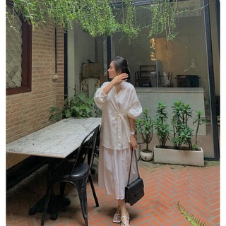 Áo sơ mi tay dài thắt eo [có sẵn]