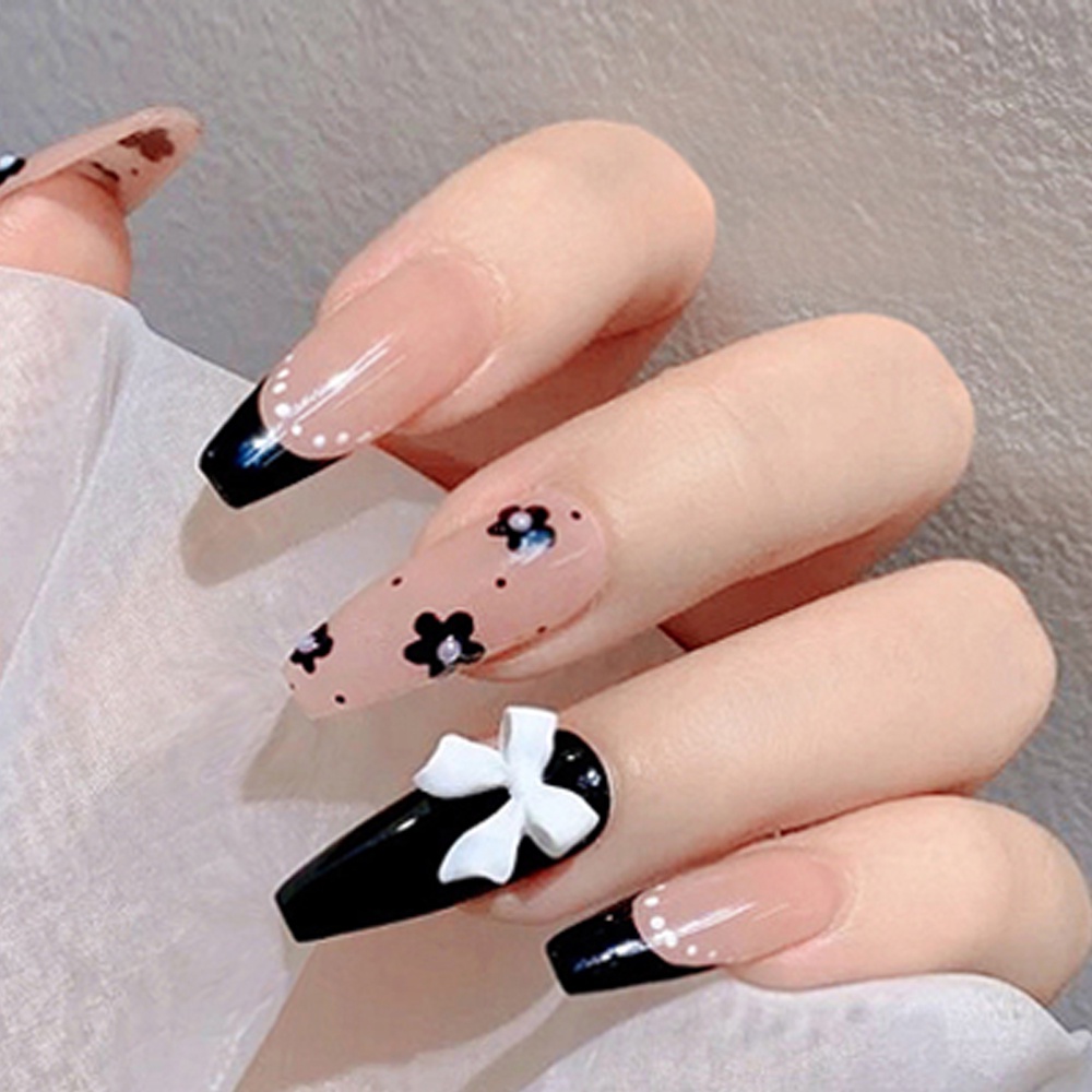 2438 YUKEHUI bộ móng tay giả set móng giả trong suốt móng tay giả đính nơ móng tay giả dài đính đá móng giả đẹp bộ móng tay giả đính đá móng tay giả đính đá ngắn  móng tay giả màu đen  set 24 móng tay giả