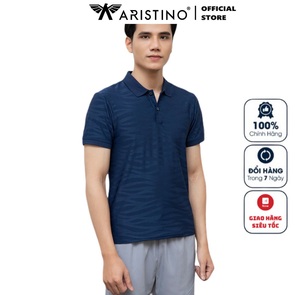 Áo Thun Nam Tay Ngắn Có Cổ Aristino APS020S1 Màu Xanh Tím Than 37 Jacquard Họa Tiết Dáng Slim Vải Polyester