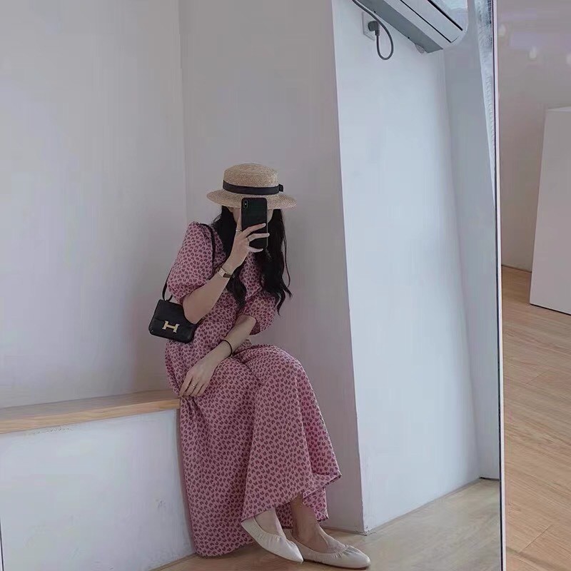 Váy tim ulzzang dáng dài cổ tròn voan tơ - Đầm hoa nhí Vintage Vaytimhong