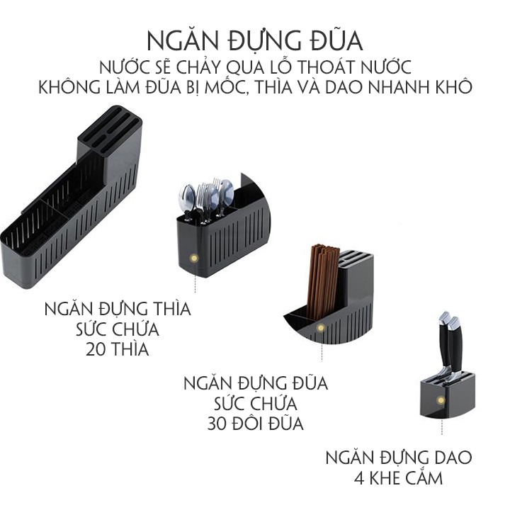 Kệ úp bát đĩa 2 tầng inox Sinoart có khay hứng nước- giá úp bát đĩa 2 tầng có khay cài dao thìa đũa