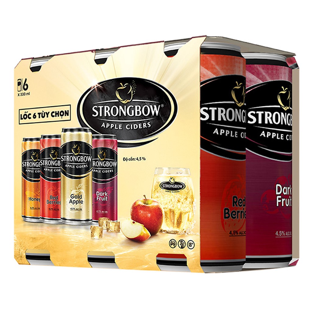 Combo 6 lon nước Táo lên men StrongBow vị Táo nguyên bảng/Mật ong/Dâu đỏ/Dâu đen 330ml/lon