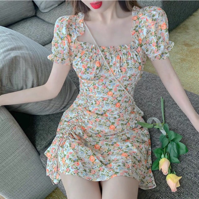 đầm hoa cổ bèo rút dây (hàng ord chỉ 2 ngày)