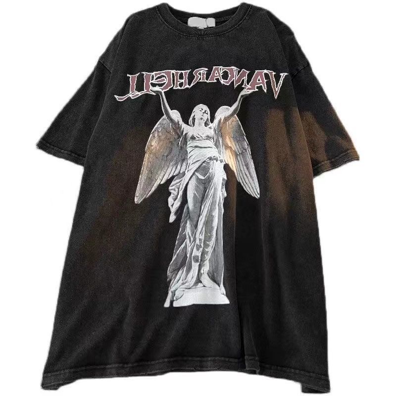 Áo thun MMIOT tay ngắn cổ tròn in họa tiết thiên thần phong cách cổ điển Mỹ thời trang mùa hè 2023 cho nữ