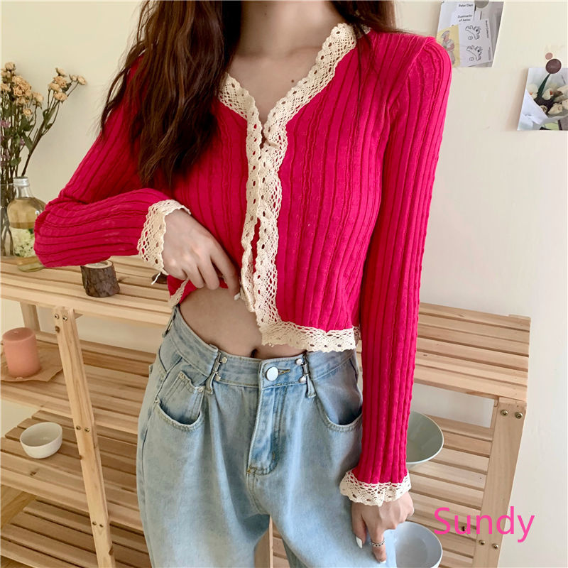 Áo sweater dài tay phối viền ren xinh xắn cho nữ