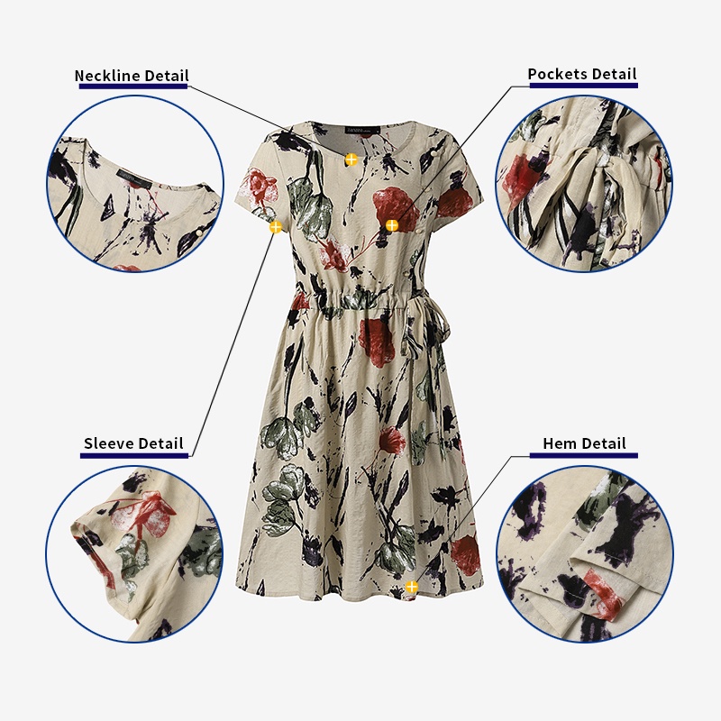 Đầm Zanzea tay ngắn cổ tròn in họa tiết hoa phong cách cổ điển dành cho nữ