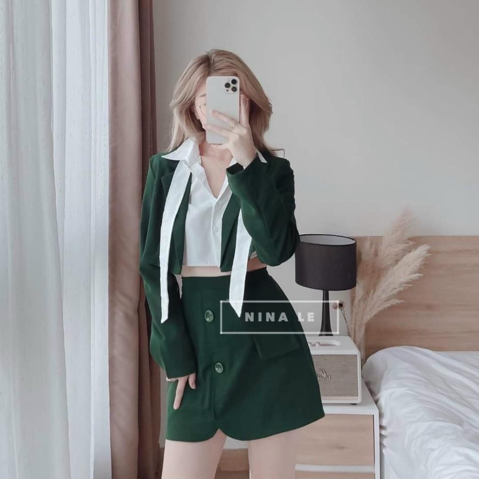 T10 set vest 3 món áo khoác kèm chân váy xanh phối áo sơ mi trắng cá tính tiểu thư nina lê