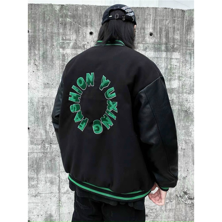 Áo Khoác Bomber Varsity Phối Tay Da Jacket Nam Nữ Full Đen Unisex Chất Kaki Dày Chữ Thêu