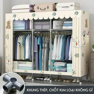 Tủ quần áo tủ vải đựng quần áo tủ quần áo sắt Khung thép không gỉ 2 buồng 3 ngăn