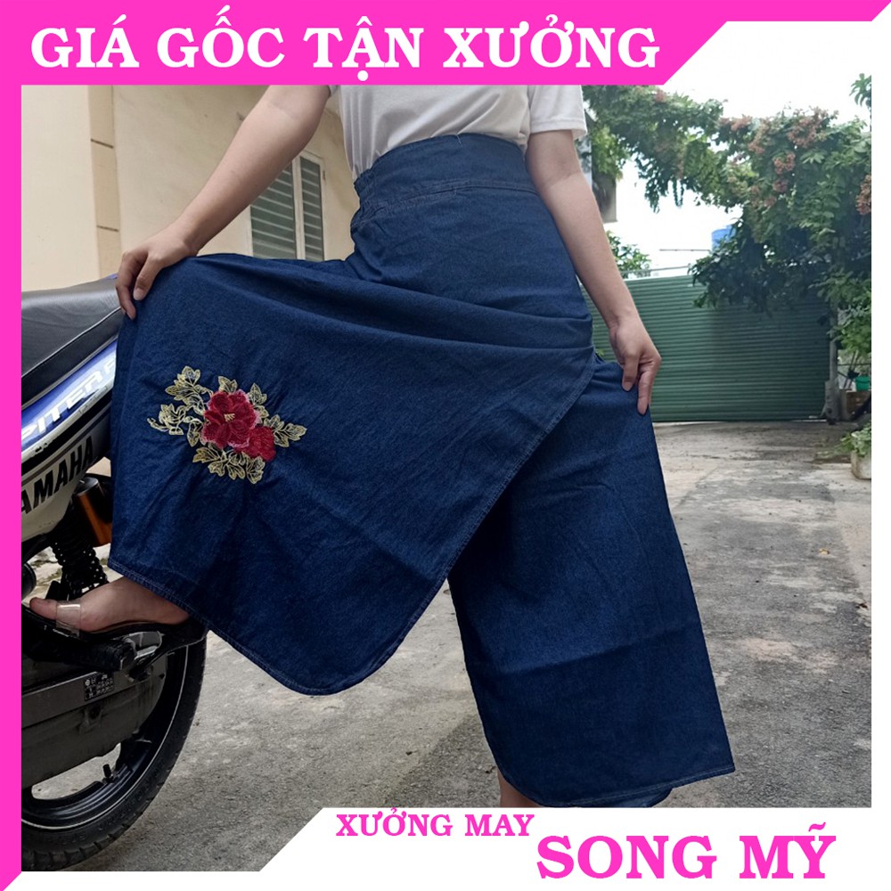 VÁY CHỐNG NẮNG XẺ TÀ THÔNG MINH Vải Jean Mềm Thêu Hoa Hồng Tố Nữ - Phù hợp khi đi xe số & xe tay ga