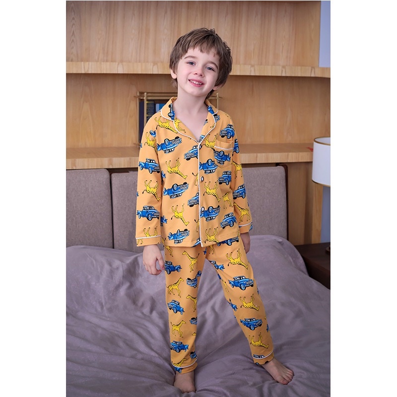 Pijama bé trai dài tay cotton co giãn quần áo em bé có cúc khủng long ô tô bộ ngủ mặc nhà