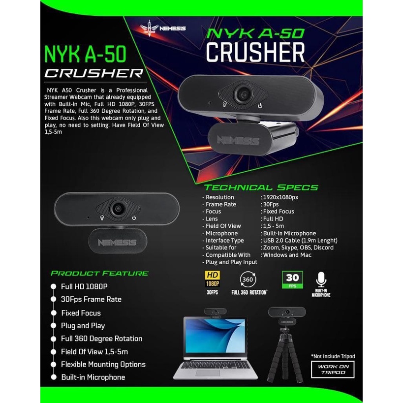 Webcam Nemesis A50 Crusher 1080p 30Fps tích hợp micro | BigBuy360 - bigbuy360.vn