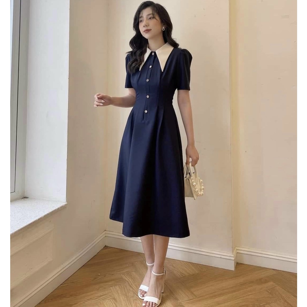 Đầm váy freesize cổ trắng nút trước 4 màu