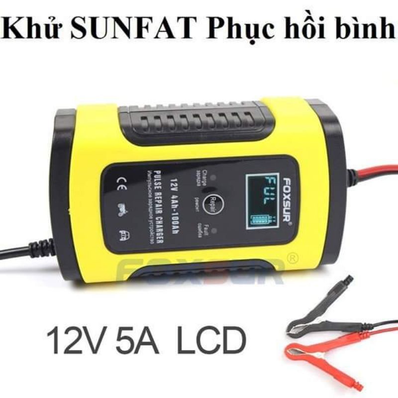 Sạc bình ắc quy 12V 5A 4AH - 100AH FOXSUR, SẠC NHANH KHỬ SUNFAT PHỤC HỒI BÌNH HƯ HỎNG, TĂNG ĐỘ BỀN CỦA BÌNH