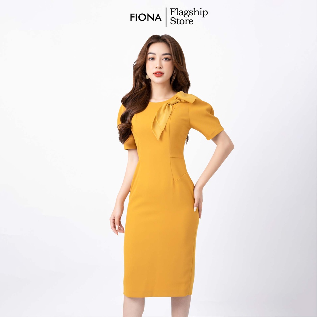 Đầm nữ  dáng ôm cổ tròn váy thiết kế phối tay phồng cách điệu và nơ trang trí FIONA L452005
