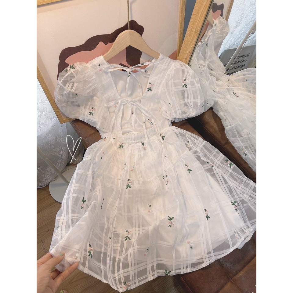 Đầm babydoll hoa ô vuông trắng cột dây lưng💖 KÈM ẢNH THẬT