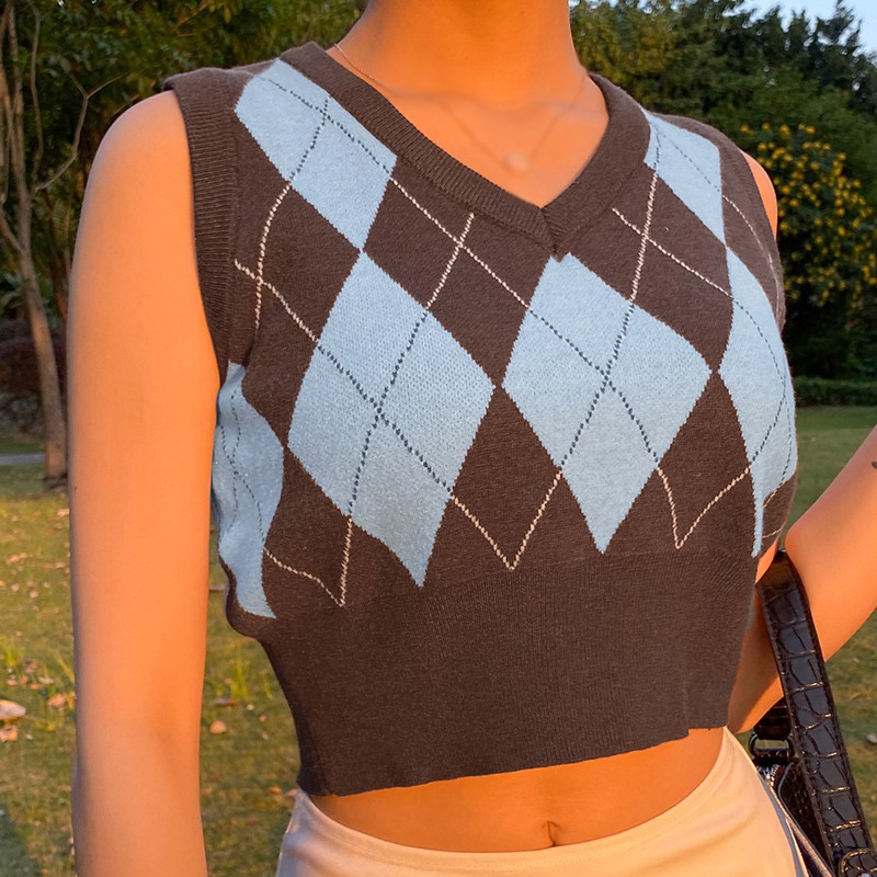 Áo Tank Top Dệt Kim Cổ Chữ V Màu Tương Phản Phong Cách Retro Cho Nữ