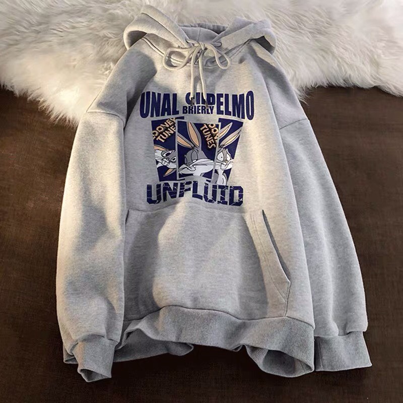 Áo hoodie nữ form rộng 2N Unisex nỉ bông in hình thỏ bunny màu đen/xám/trắng