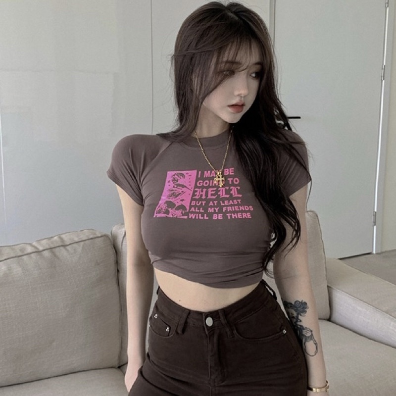 Áo Thun Crop Top Tay Ngắn Cổ Tròn Dáng Ôm In Họa Tiết Thời Trang Cho Nữ