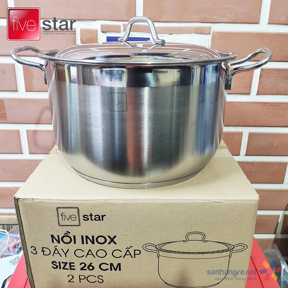 Nồi inox 3 đáy fivestar 26 cm 8 LÍT nấu được các loại bếp, hàng chính hãng, bảo hanh 5 năm