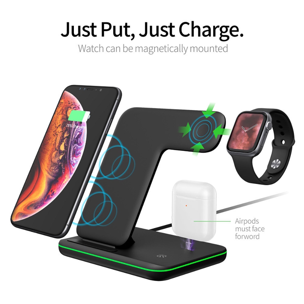 Đế sạc không dây 15W Qi hỗ trợ sạc nhanh cho iPhone 11 XR Samsung S10 S9 Apple Watch Airpods