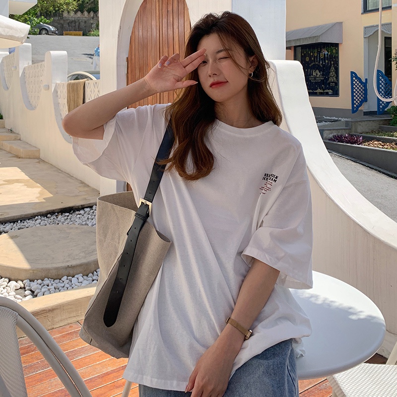 Áo thun ngắn tay cổ tròn dáng rộng in họa tiết chữ trẻ trung hợp thời trang