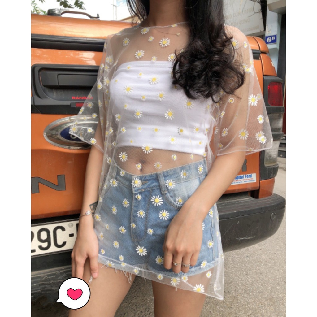 ÁO LƯỚI HOA CÚC ULLZANG TAY LỠ - SET ÁO REN DAISY + ÁO QUÂY 2S - ÁO CHOÀNG LƯỚI HOA CÚC