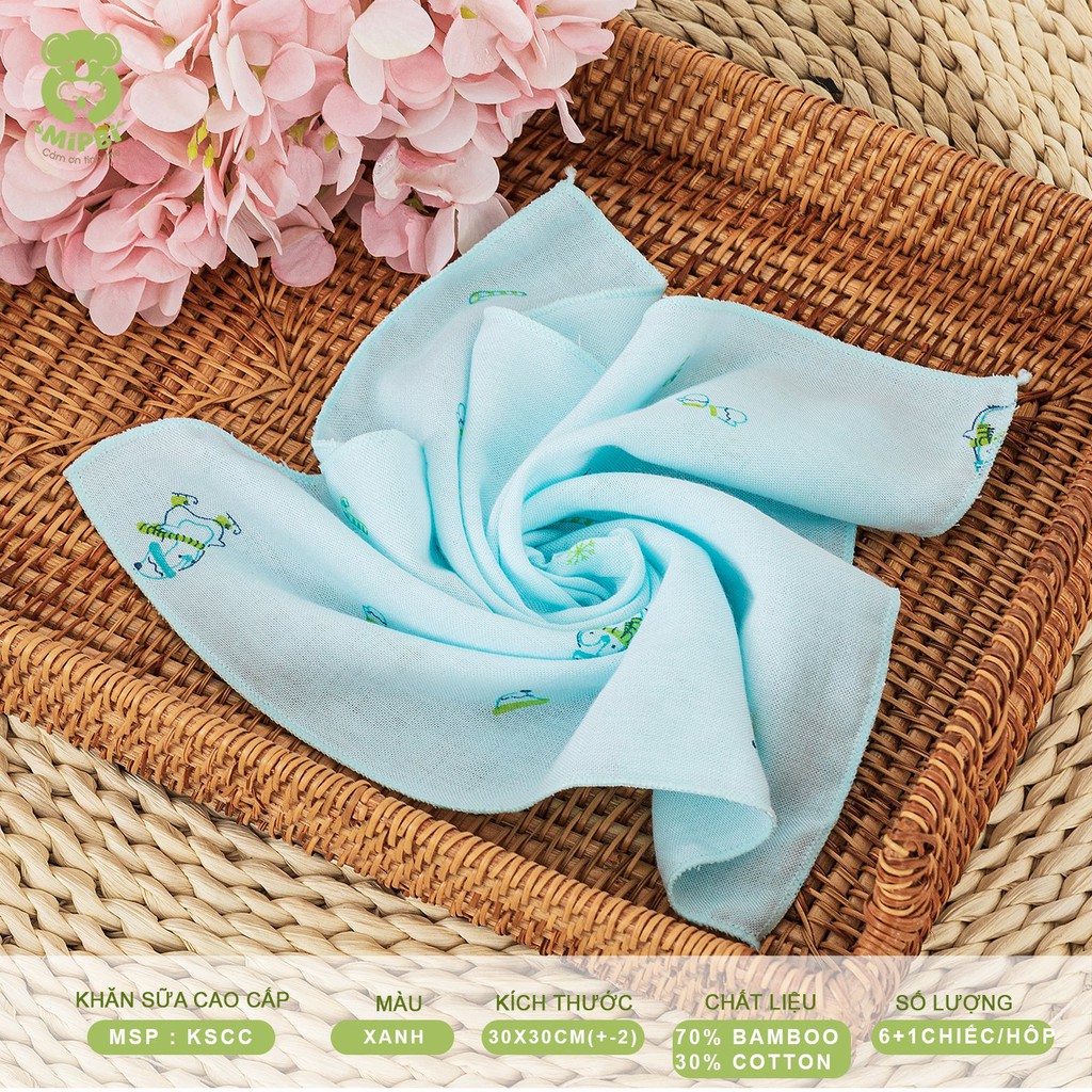 Khăn sữa cao cấp Mipbi 2 lớp 70% sợi tre + 30% cotton mềm mại, kháng khuẩn KSCC (Hộp 6 tặng 1 chiếc)