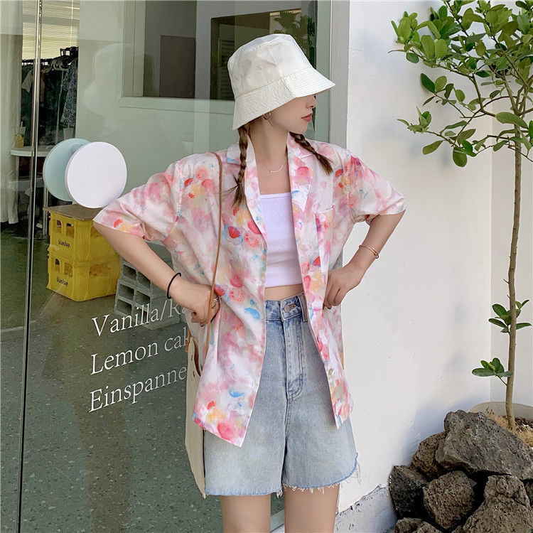 Mới Áo Sơ Mi Tay Ngắn Dáng Rộng Cổ Bẻ In Họa Tiết Hoa Phong Cách Retro Thời Trang Cho Nữ