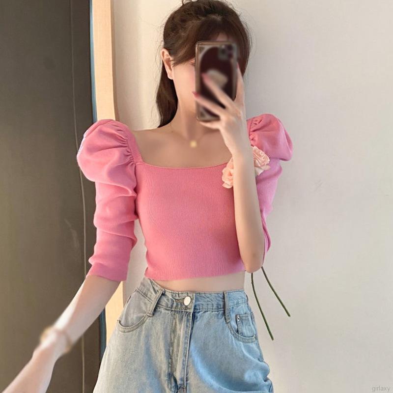 Áo Crop Top Dệt Kim Tay Lỡ Màu Trơn Xinh Xắn Phong Cách Hàn Quốc Cho Phụ Nữ