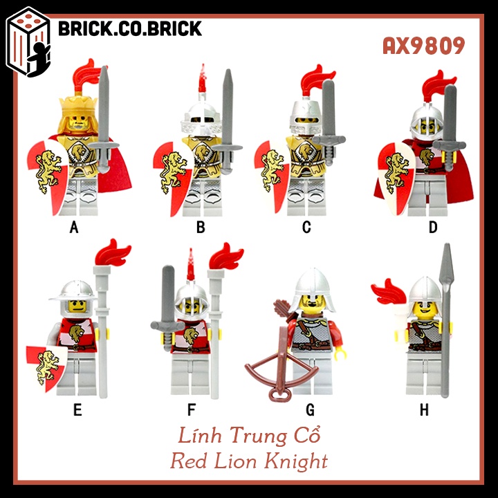 Bộ Sưu Tập Lính Sư Tử Đỏ Trung Cổ Red Lion Knight Minifigure Castle Medieval AX9809