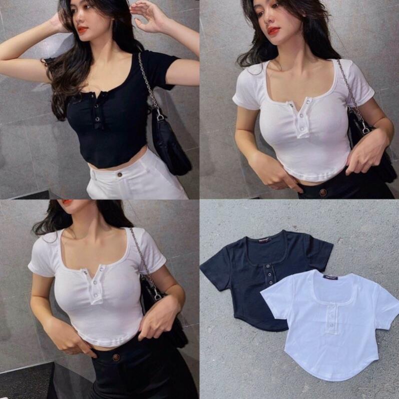 [XẢ KHO] Áo Croptop Borip Cúc Bấm Vạt Bầu ,Thun Ôm Dáng Nữ Hack Dáng Siêu Đẹp Tay Ngắn Freesize &lt;52kg