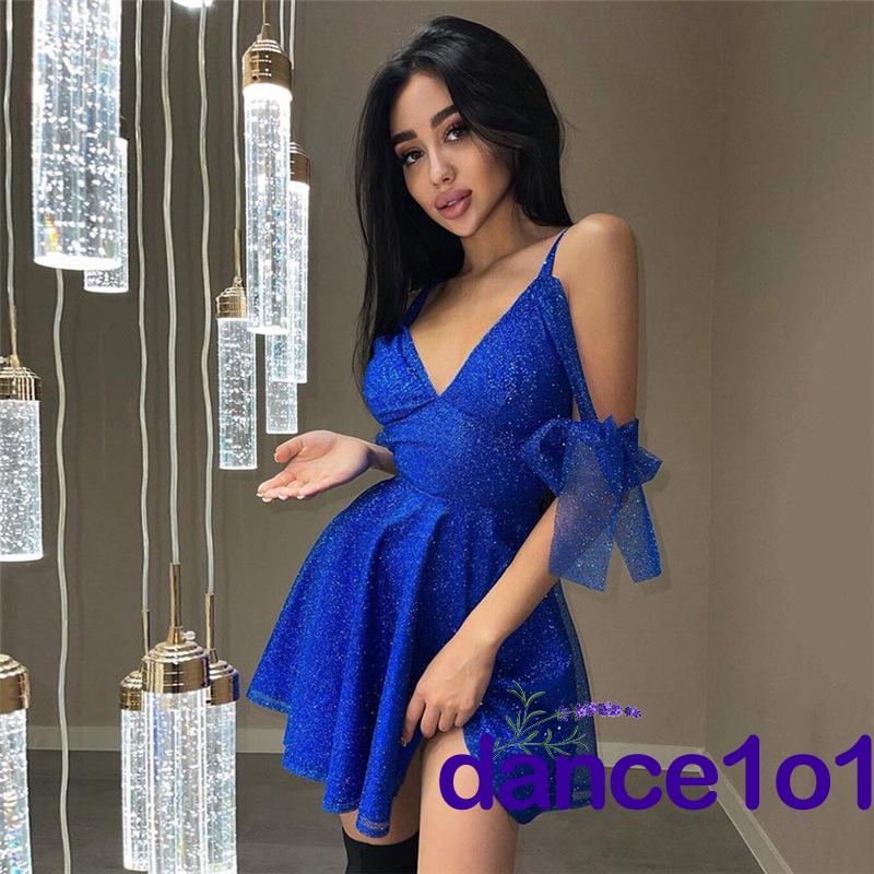 ♂Wm✩Đầm Hai Dây Cổ Chữ V Màu Sắc Lấp Lánh Thời Trang Dành Cho Nữ