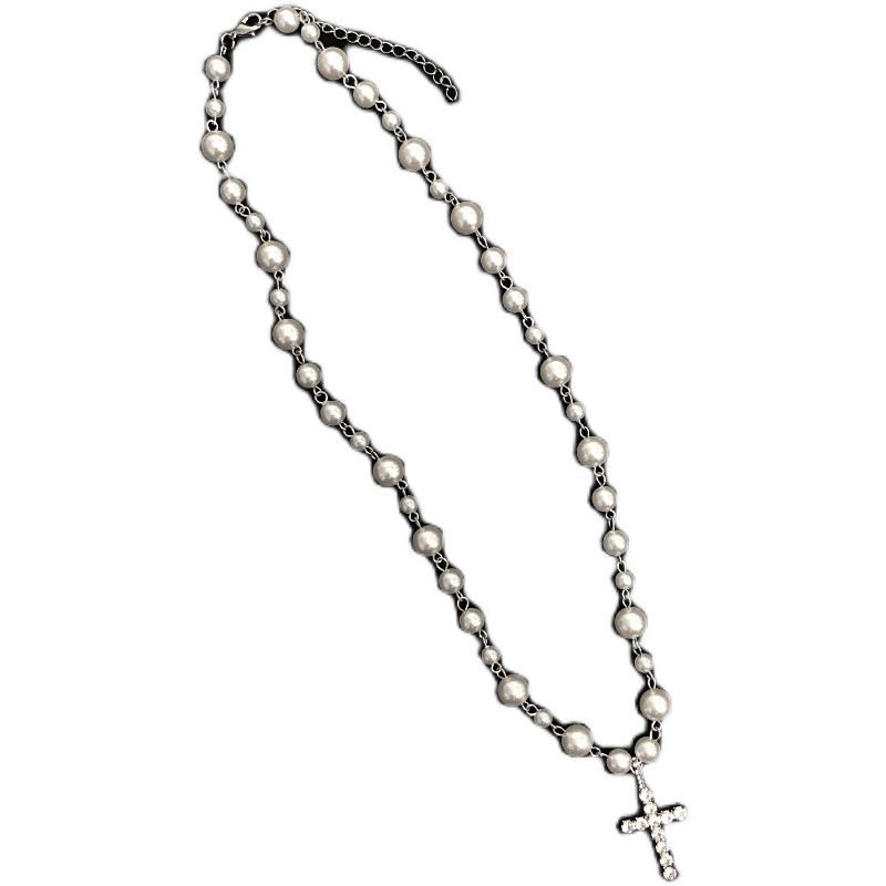 Dây Chuyền Mặt Chữ Thập Đính Ngọc Trai Phong Cách Hip Hop