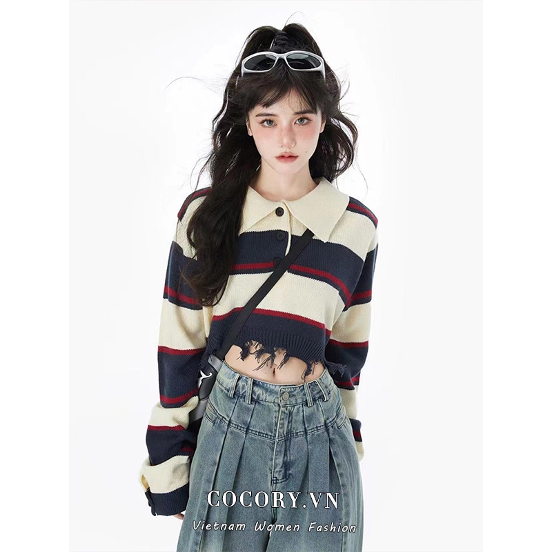 Cocory vn Áo sweater Dệt Kim Tay Dài Dáng Ôm Họa Tiết Kẻ Sọc Thời Trang vintage Cho Nữ