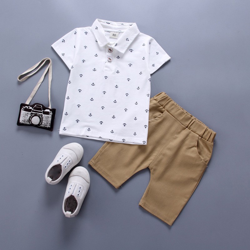 Set áo thun có cổ + quần short khaki lưng thun phong cách hải quân dành cho bé trai