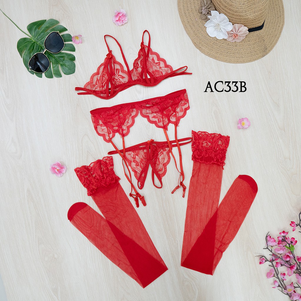 Đai Nịt Bít Tất Và Dây Đeo Áo Ngực Quyến Rũ + Quần Lót Màu Đỏ AC33B Dành Cho Nữ