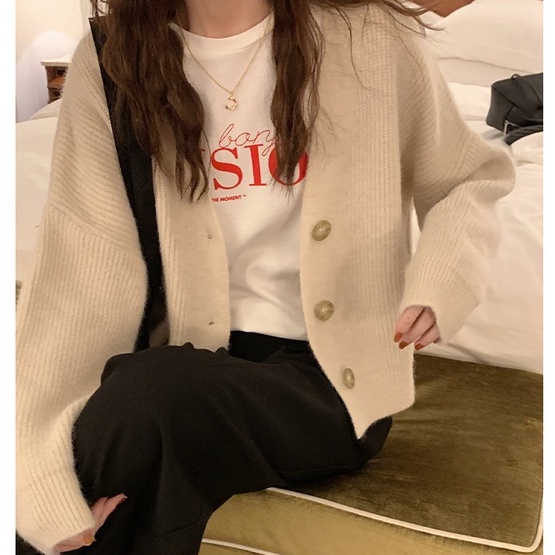 Áo khoác cardigan dài tay cổ chữ v phối hàng nút đơn thời trang cho nữ 46088