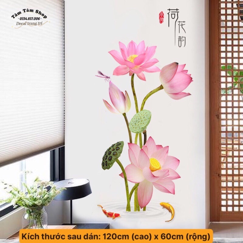 Decal ,Tranh dán tường sen hồng trang trí phòng khách .